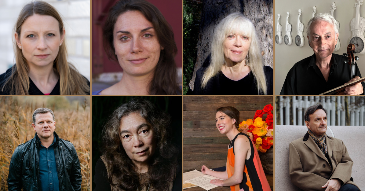 Composers commissioned by Musica Viva Australia to create new work in 2026, clockwise from top left: Charlotte Bray, Melody Eötvös, Hollis Taylor, Jon Rose, Stephen Hough, Aristea Mellos, Alexis Wright, Ēriks Ešenvalds.