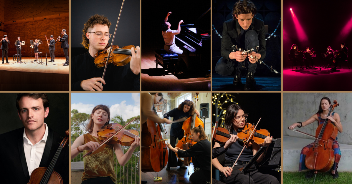 FutureMaker participants clockwise from top left: Arcadia Winds, Harry Ward, Aura Go, Matthias Schack-Arnott, Partridge String Quartet, Freya Schack-Arnott, Madeleine Jevons, Helen Svoboda, Katie Yap, Matt Laing.