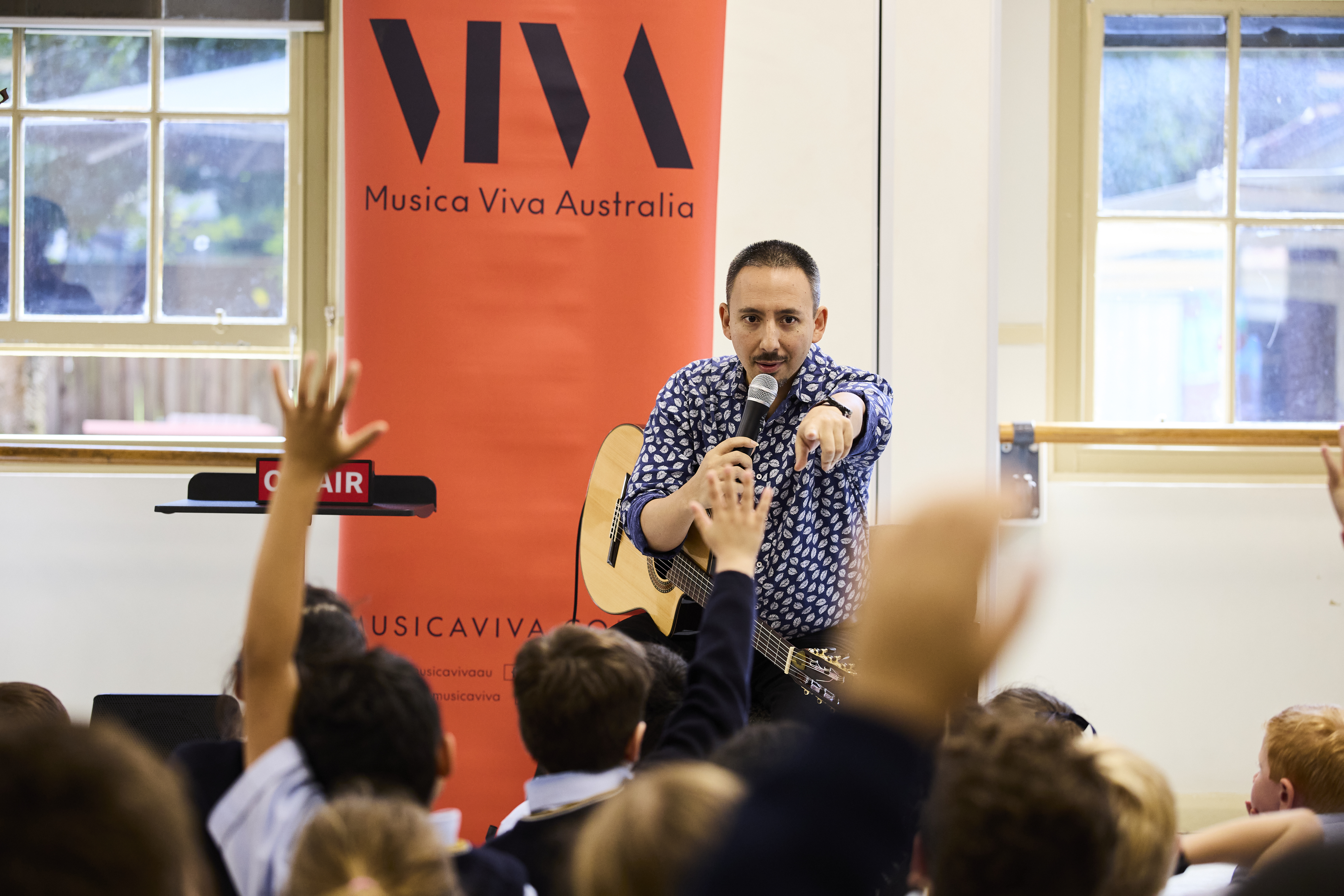 Nicholas Russoniello, Julia Russoniello and Murilo Tanouye performing at Redlands School NSW as part of Musica Viva Australia In Schools. Credit: Claudio Raschella