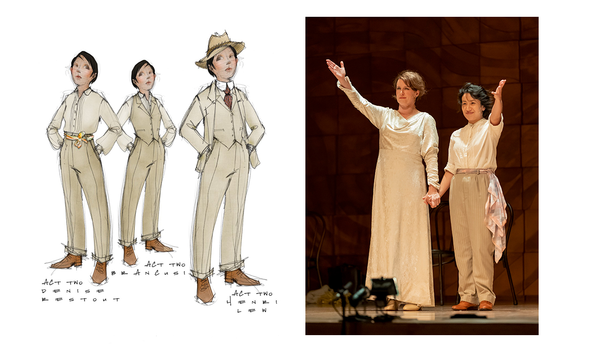 Left to right: Illustrations of character costumes, Susan Prior and Aura Go.