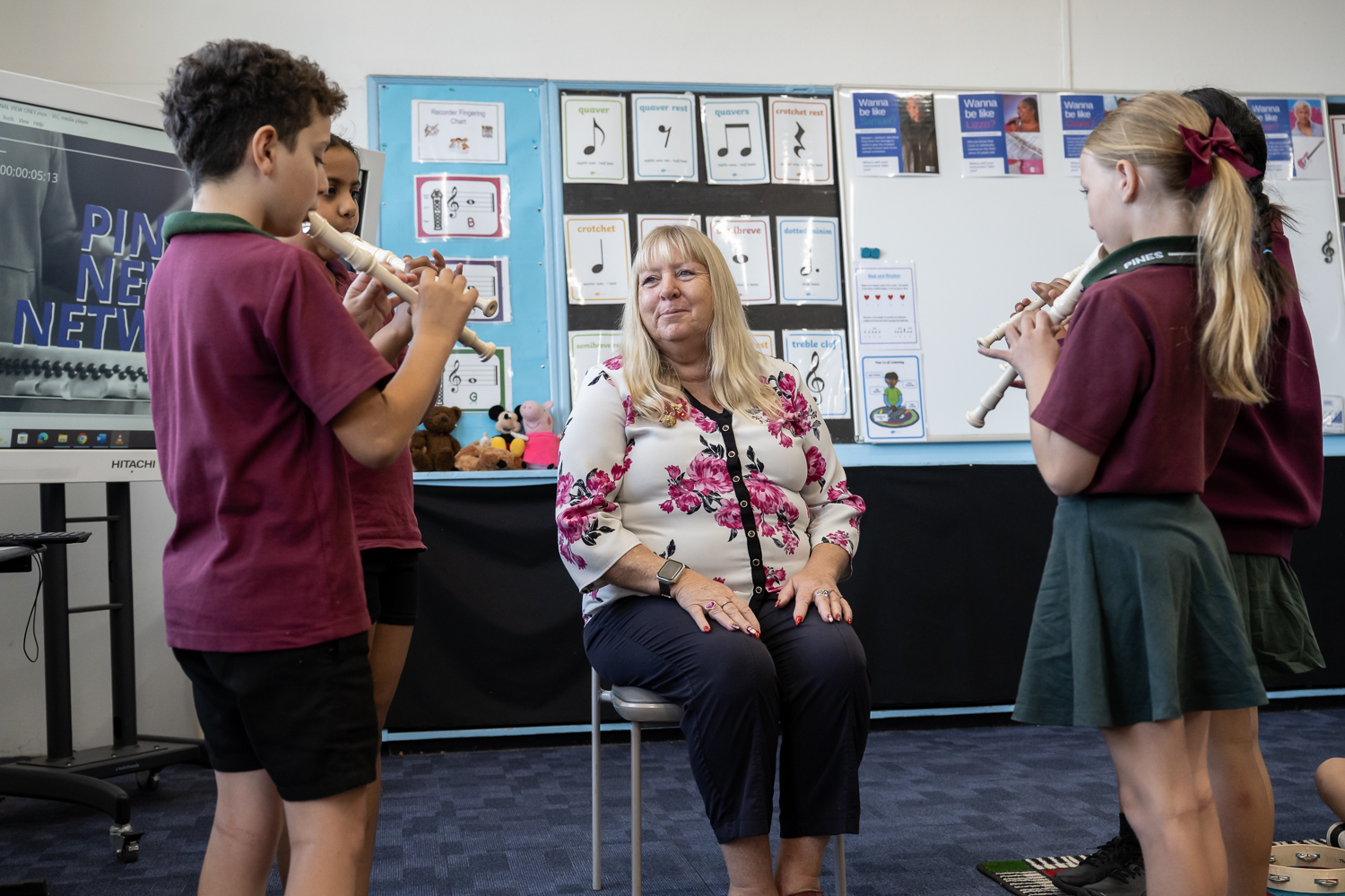 Students play to the Pine School Principal Cherie Collings. Credit: Sam Oster