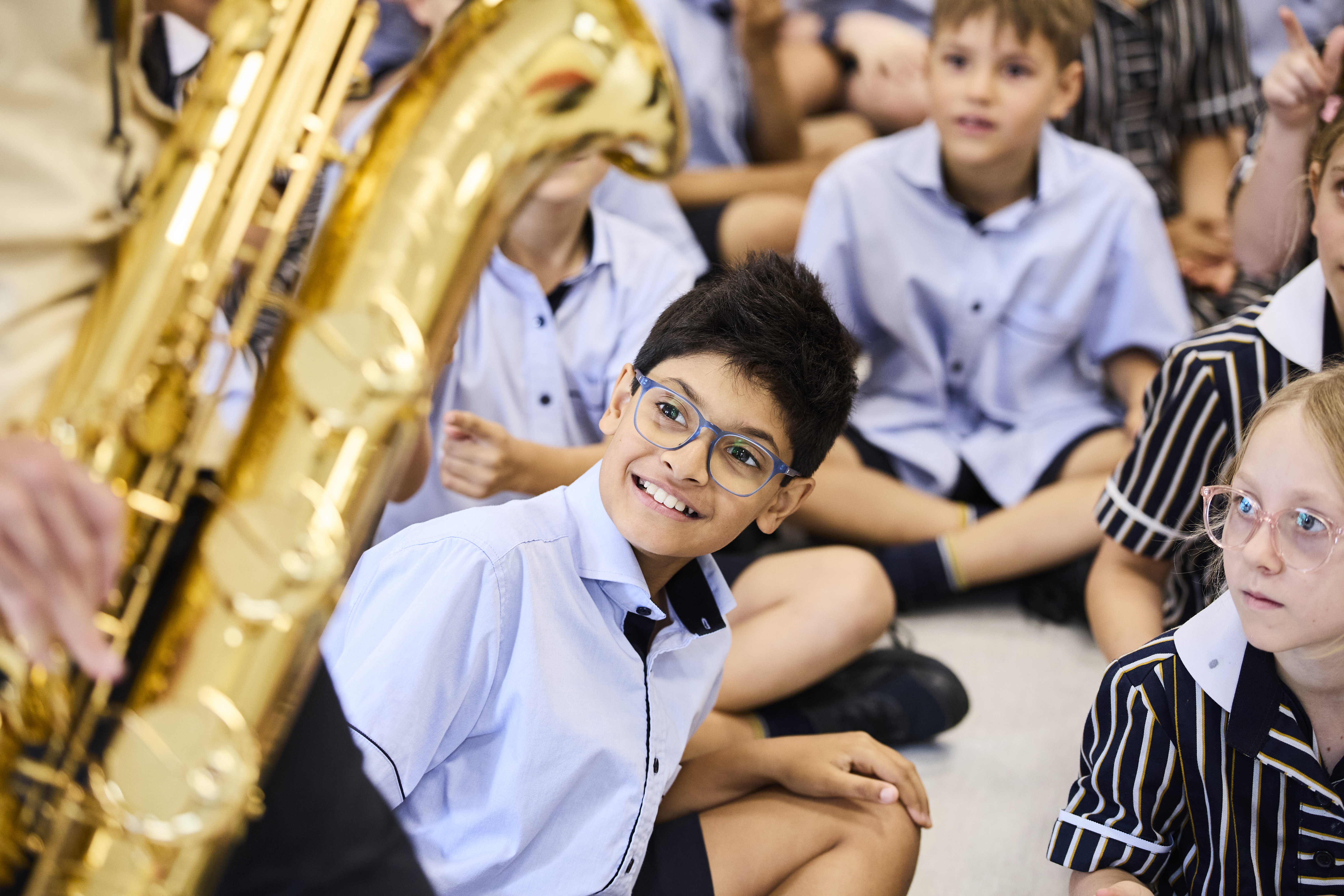 A student at Redlands School NSW watching On the Wireless perform as part of Musica Viva Australia In Schools. Credit: Claudio Raschella