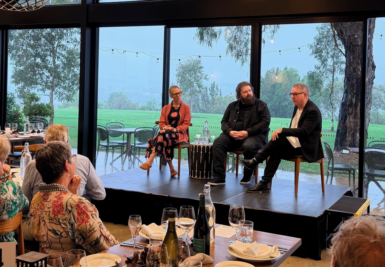 Tenor Allan Clayton, pianist Kate Golla, and Artistic Director of Musica Viva Australia Paul Kildea, speaking at Chalk Hill Wines.