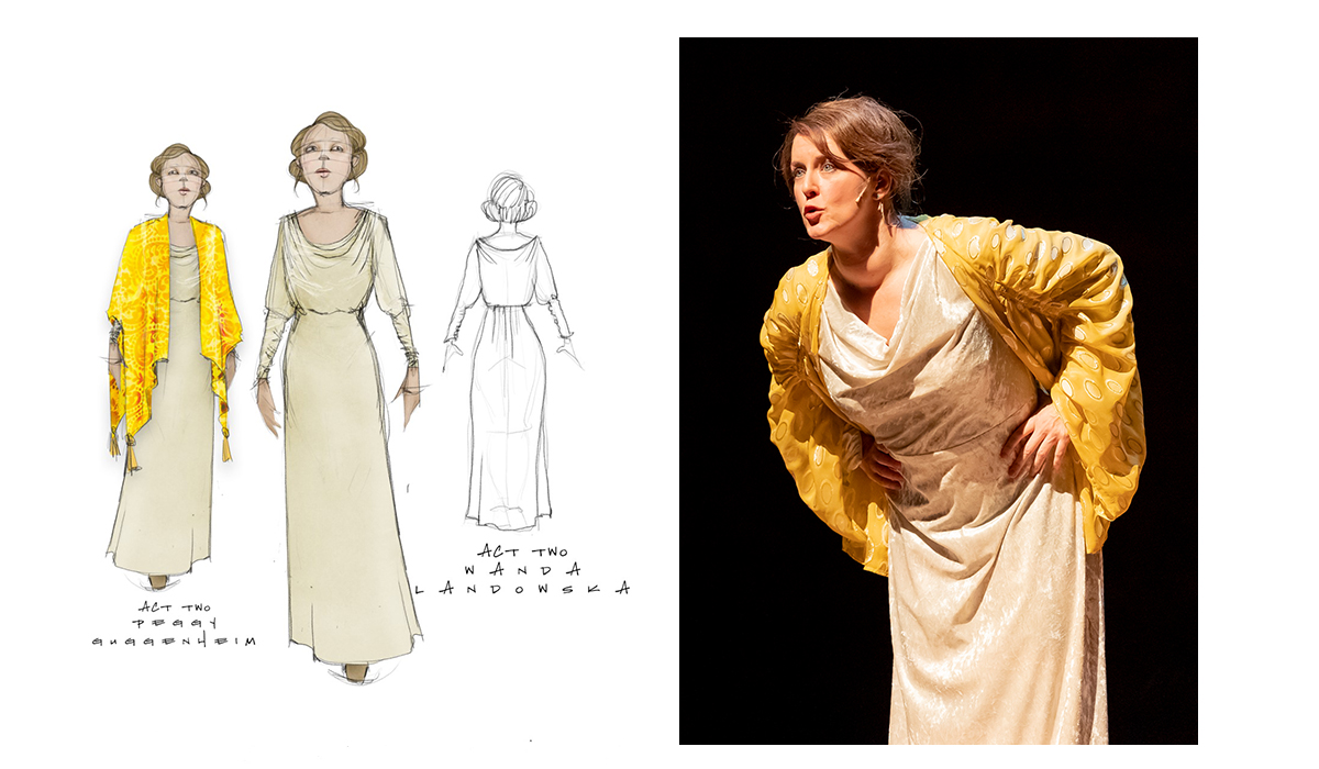 Left to right: Illustrations of character costumes and Susan Prior.