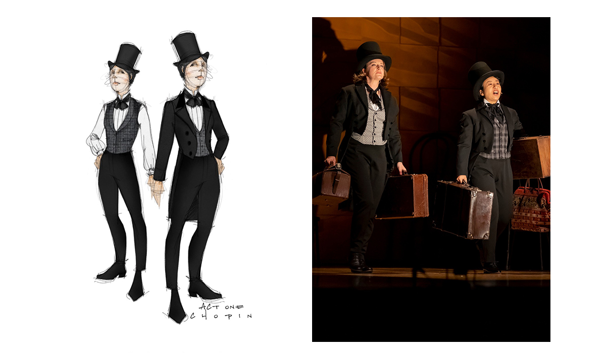 Left to right: Illustrations of Chopin costume, Susan Prior and Aura Go